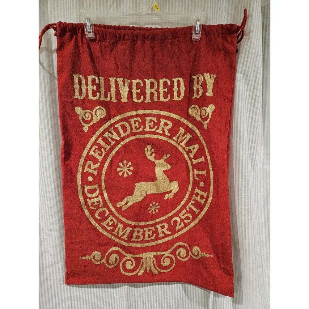 Large Red Gold Santa Sack Reindeer Christmas Fabric Bag Holiday Decor 27x20in